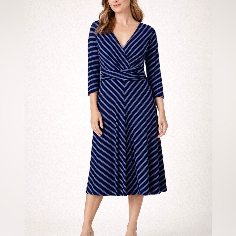 Lauren Ralph Lauren Navy Blue Stripe Jersey Twist Waist Midi Dress 8